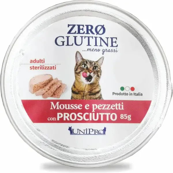 Unipro Zero glutine Mousse e pezzetti Cat Adult 85 gr Prosciutto - confezione da 12 pezzi - Cibo umido per gatti - immagine 1