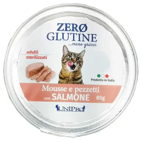 Unipro Zero glutine Mousse e pezzetti Cat Adult 85 gr Salmone - confezione da 12 pezzi - Cibo umido per gatti - immagine 1