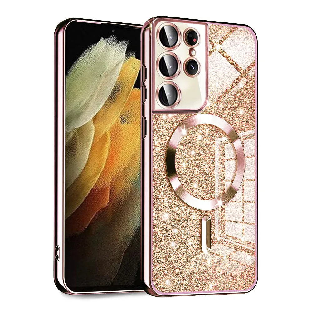 Custodia MagSafe per Samsung Galaxy S21 Ultra 5G G998, Techsuit, Luxury Glitter, Rosa Oro - immagine 1