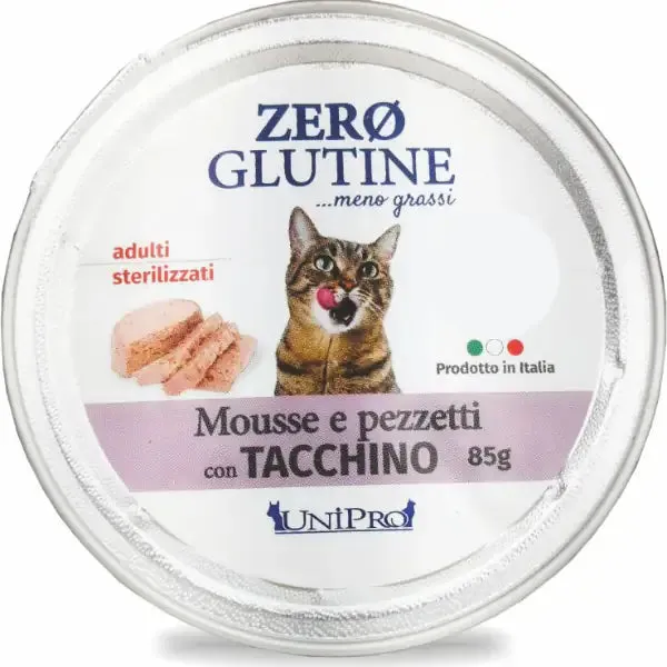 Unipro Zero glutine Mousse e pezzetti Cat Adult 85 gr Tacchino - confezione da 12 pezzi - Cibo umido per gatti - immagine 1