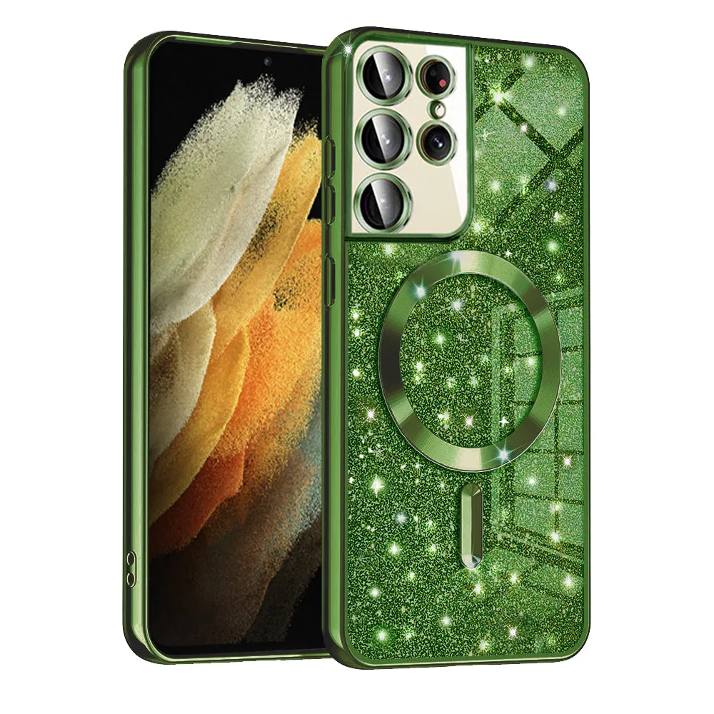 Custodia MagSafe per Samsung Galaxy S21 Ultra 5G G998, Techsuit, Luxury Glitter, Verde Scuro - immagine 1