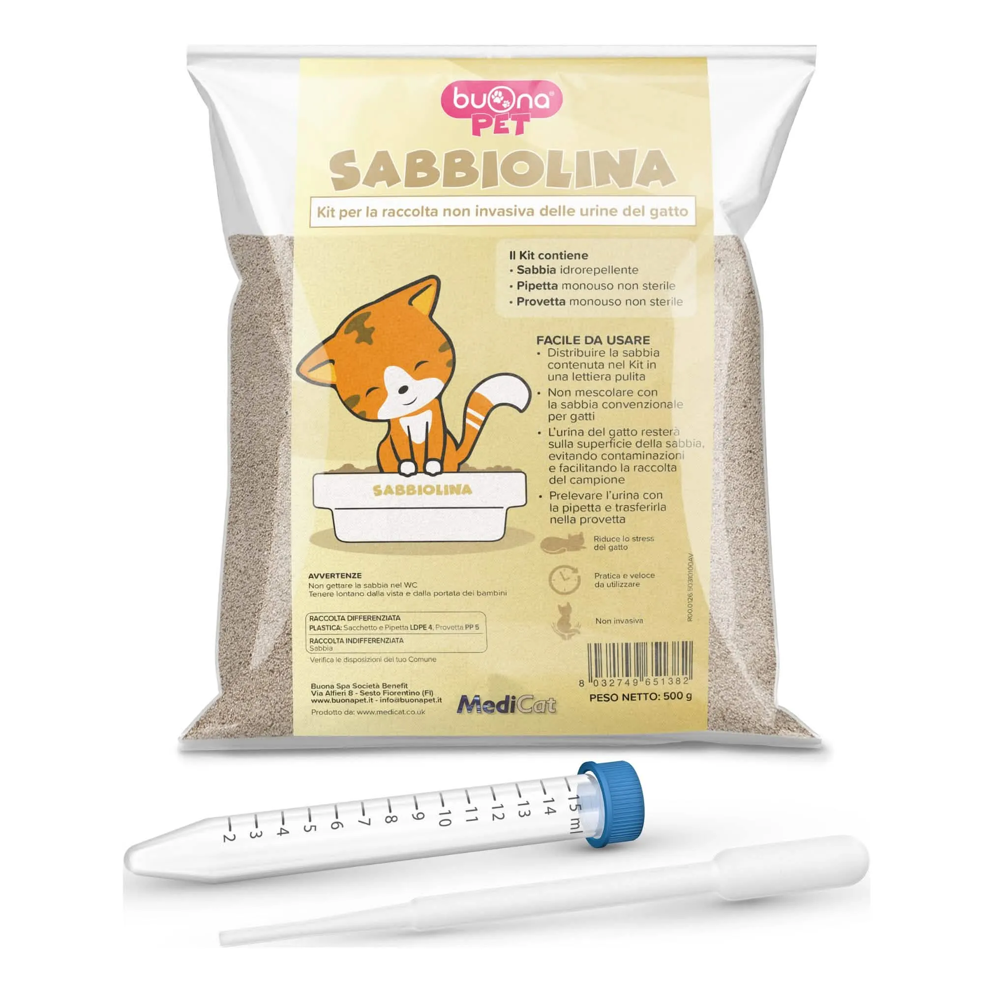 Buonapet sabbiolina kit con sabbia idrorepellente 500 g + pipetta monouso non sterile + provetta monouso non sterile - immagine 1