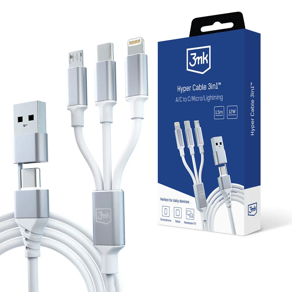 Cavo di Ricarica USB-A / USB-C - Lightning / microUSB / USB-C 3MK Hyper 3in1, 12W, 1.5m, Bianco - immagine 1