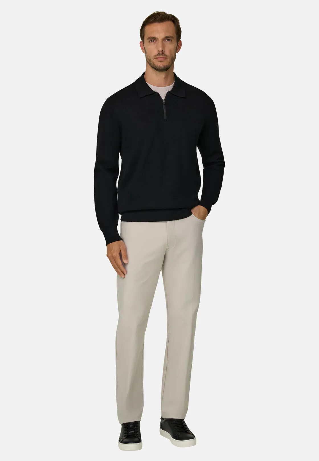 Boggi, Polo Di Maglia Mezza Zip In Misto Lana Wooltech, Uomo, Nero, Taglia: M - immagine 2