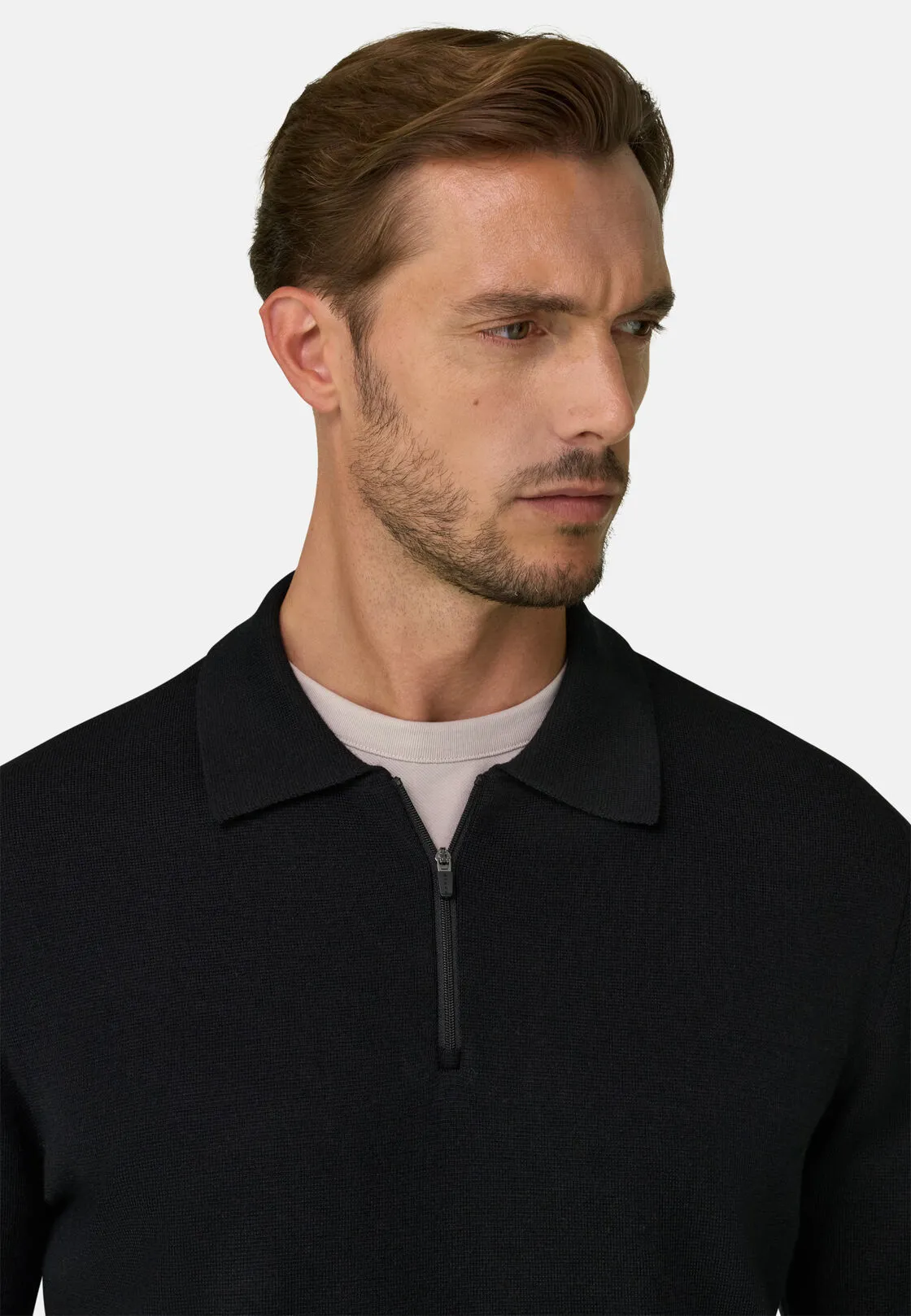 Boggi, Polo Di Maglia Mezza Zip In Misto Lana Wooltech, Uomo, Nero, Taglia: S - immagine 3