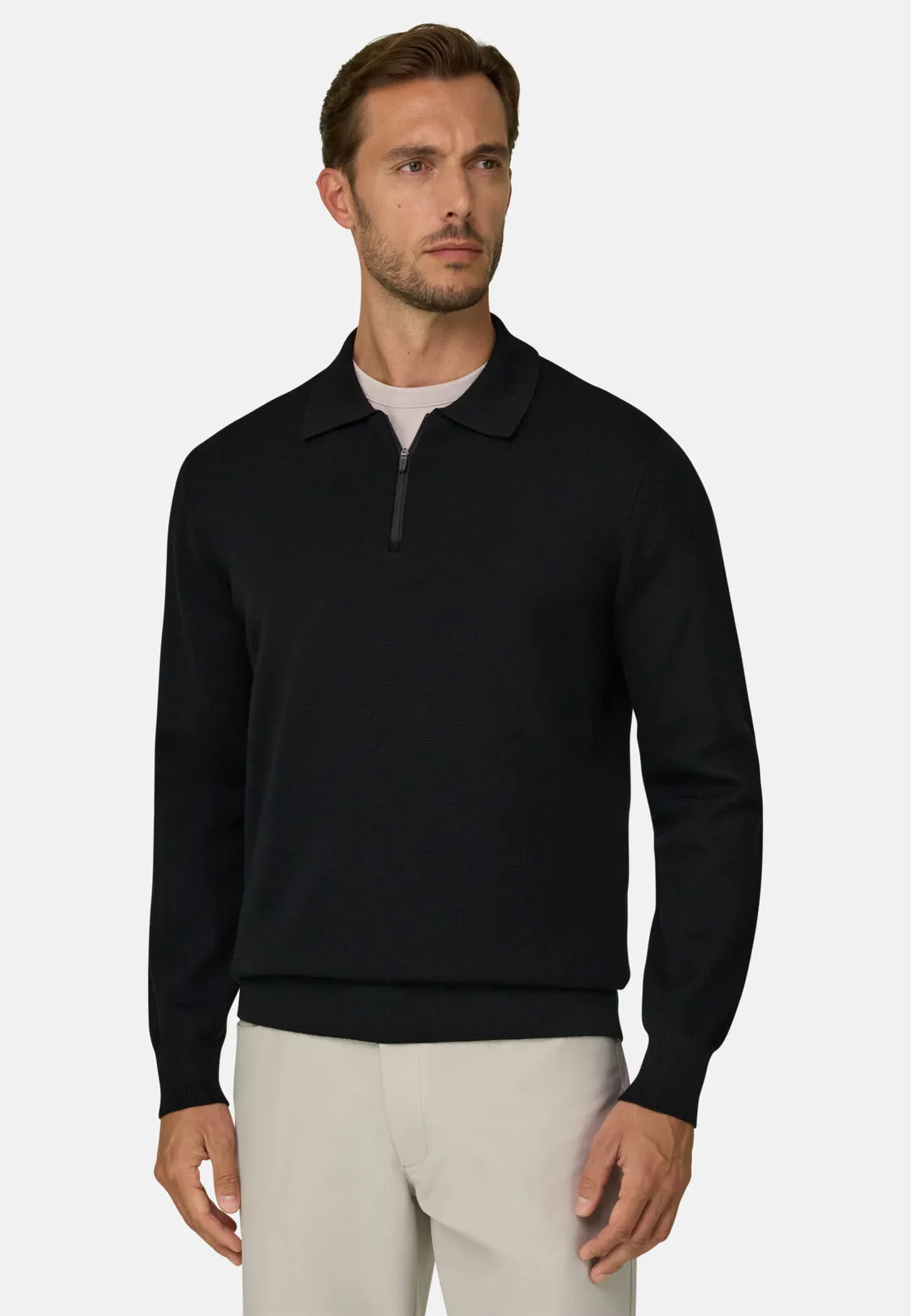Boggi, Polo Di Maglia Mezza Zip In Misto Lana Wooltech, Uomo, Nero, Taglia: XL - immagine 1