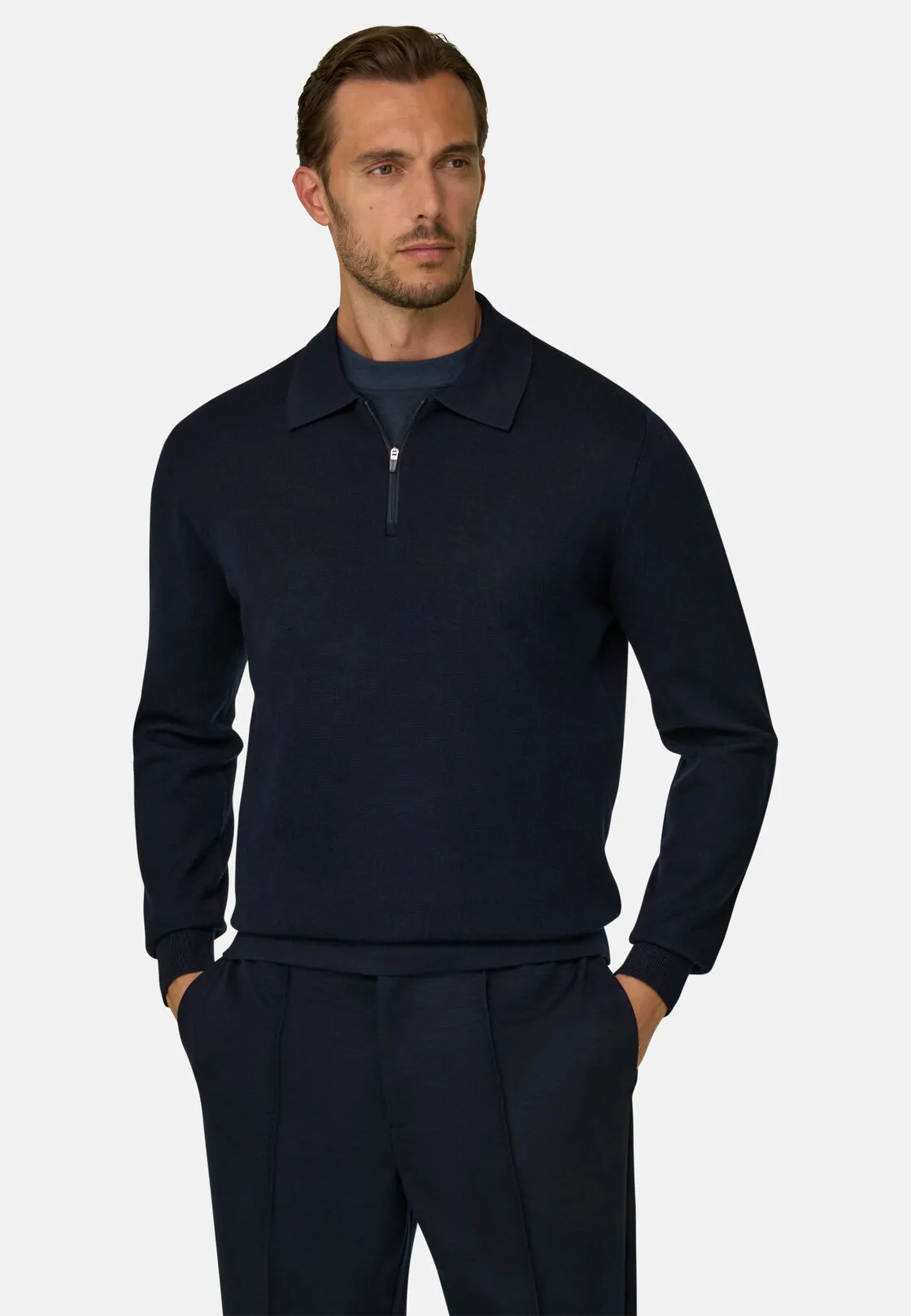 Boggi, Polo Di Maglia Mezza Zip In Misto Lana Wooltech, Uomo, Navy, Taglia: XL - immagine 1