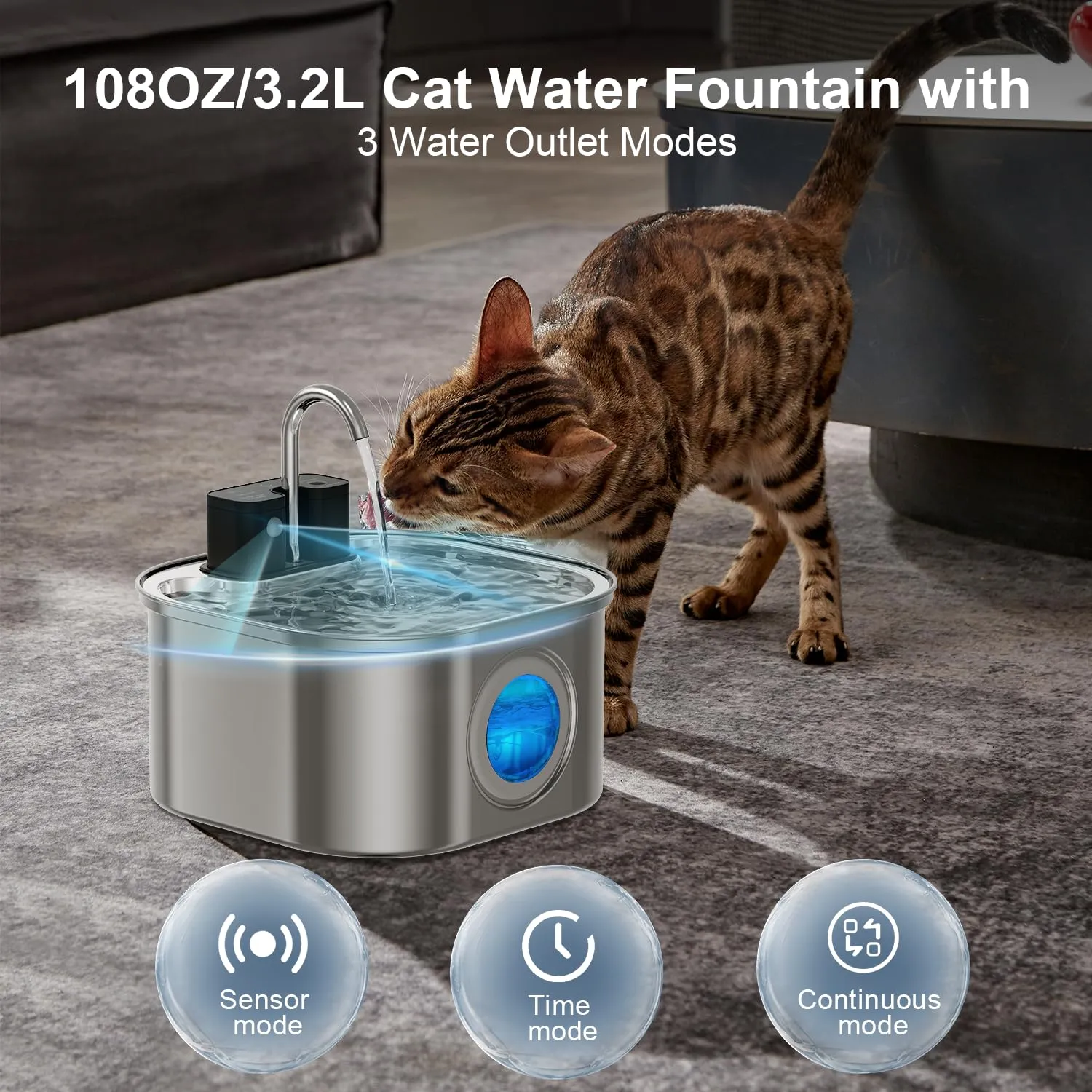 Fontanella per Gatti senza Fili: NautyPaws 3.2L Fontanella per Gatti Acciaio con Batteria 4200mAh, Fontana per Gatto con Sensore di Movimento, Automatico Dispenser Gatto con Filtri (6 filtri+6 spugne) - immagine 2