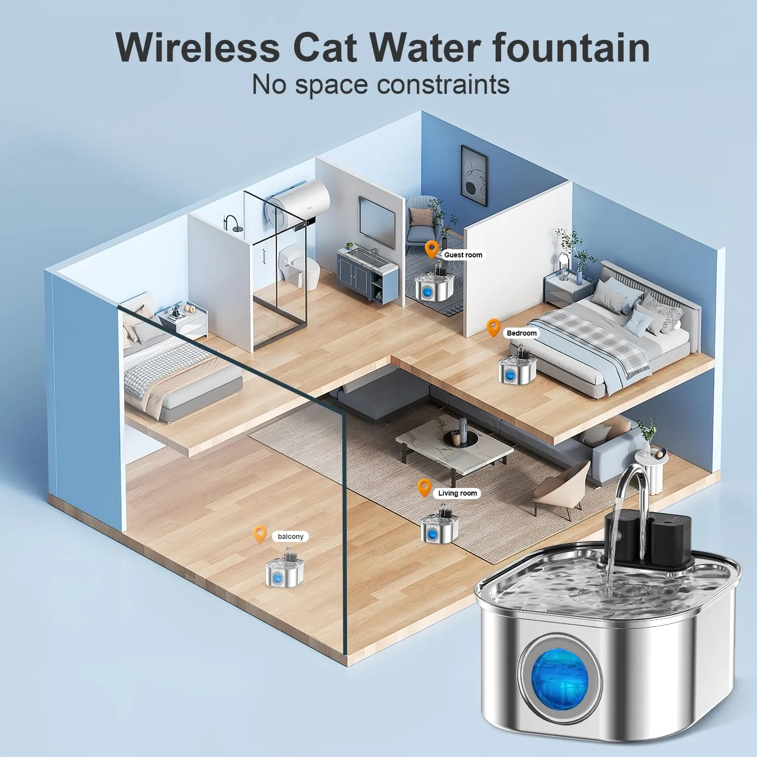 Fontanella per Gatti senza Fili: NautyPaws 3.2L Fontanella per Gatti Acciaio con Batteria 4200mAh, Fontana per Gatto con Sensore di Movimento, Automatico Dispenser Gatto con Filtri (6 filtri+6 spugne) - immagine 4