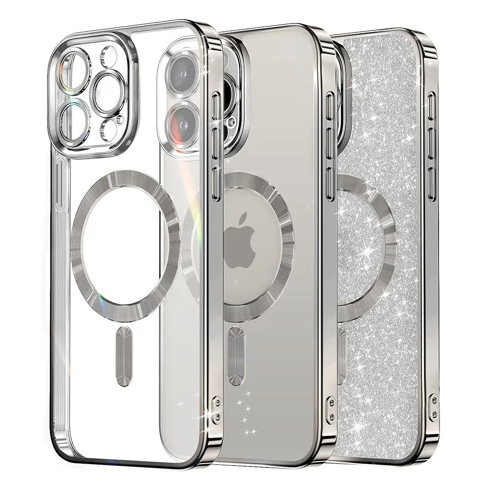 Custodia MagSafe per Apple iPhone 15 Pro Max, Techsuit, Luxury Glitter, Argento - immagine 1
