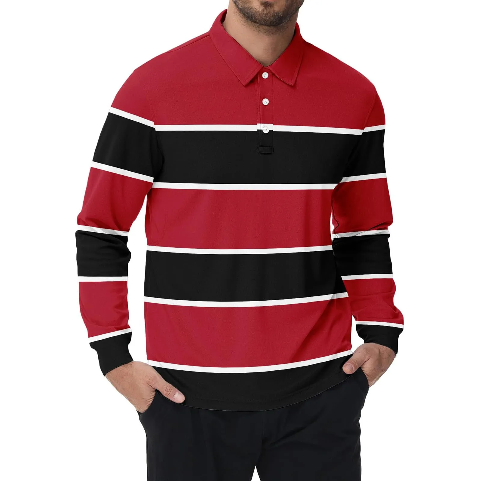 Maglia da rugby a righe da uomo, camicia classica, maglia vintage a maniche lunghe, polo a righe, polo con colletto, maglietta oversize a maniche lunghe, vestibilità normale, felpa, pullover a blocchi - immagine 4