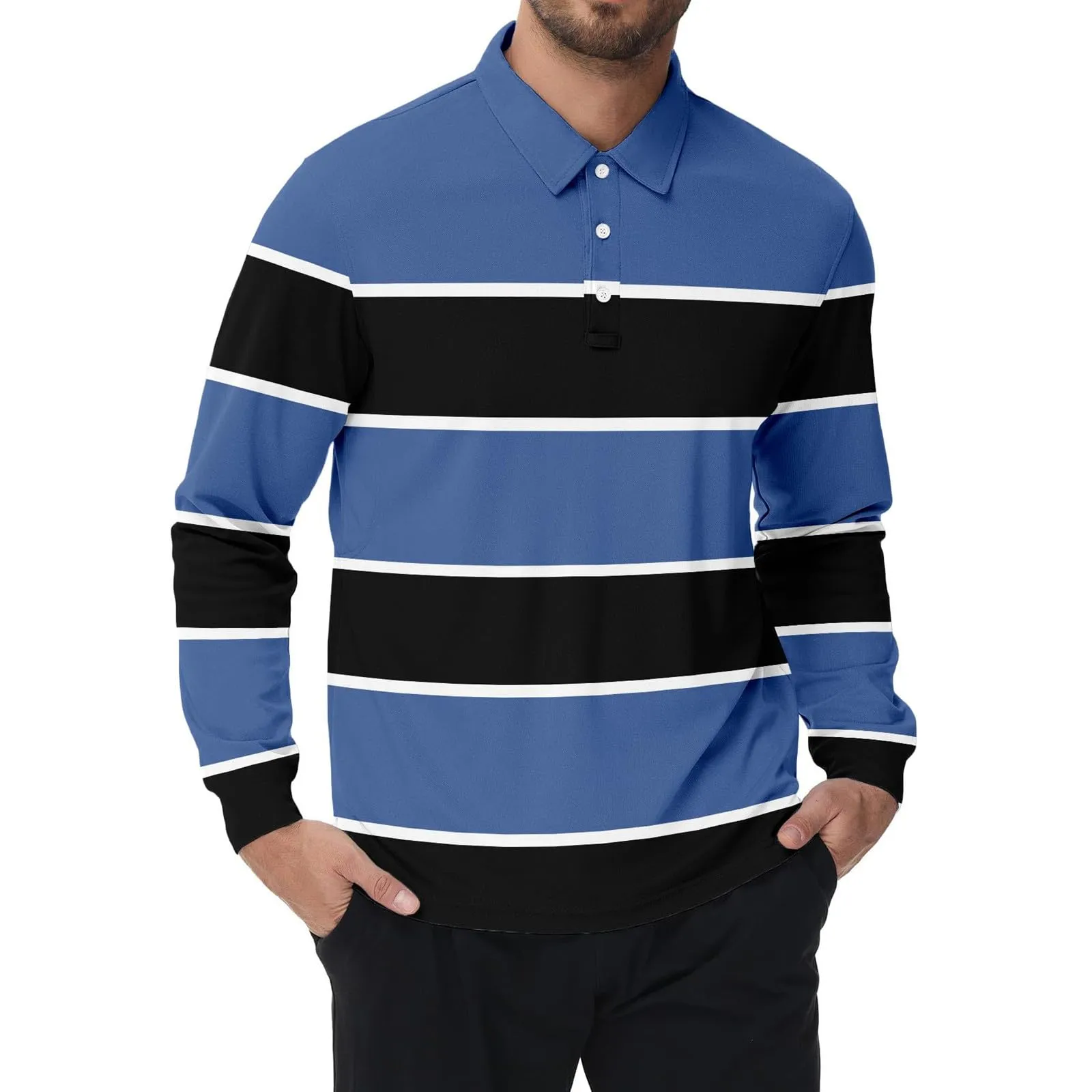 Maglia da rugby a righe da uomo, camicia classica, maglia vintage a maniche lunghe, polo a righe, polo con colletto, maglietta oversize a maniche lunghe, vestibilità normale, felpa, pullover a blocchi - immagine 1