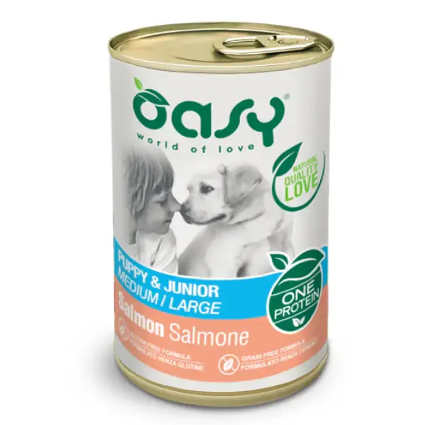 Oasy Monoproteico Puppy & Junior Medium/Large 400 gr Salmone - confezione da 12 pezzi - Umido monoproteico cane - immagine 1
