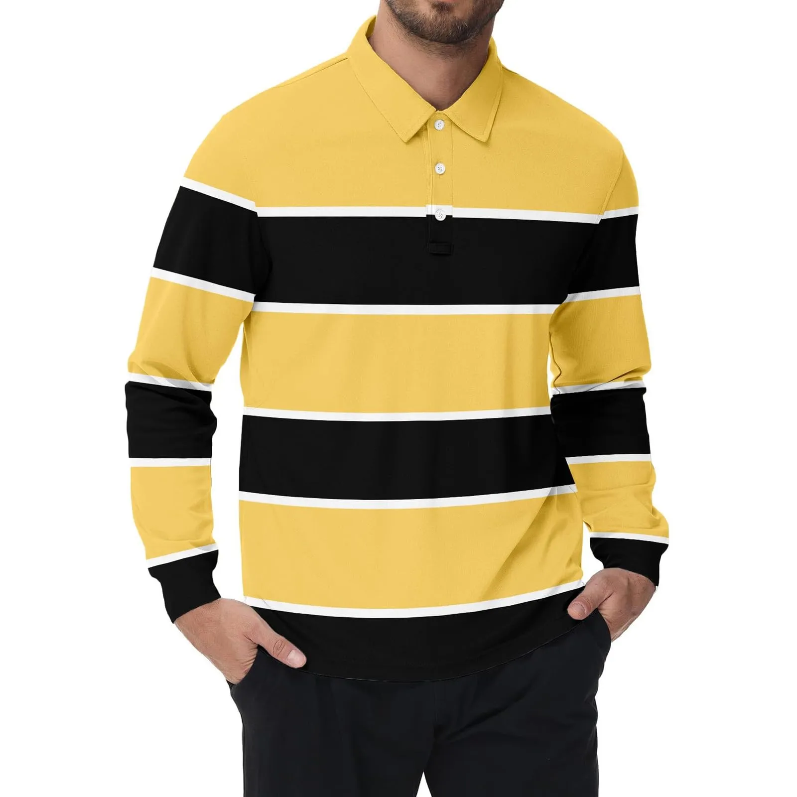 Maglia da rugby a righe da uomo, camicia classica, maglia vintage a maniche lunghe, polo a righe, polo con colletto, maglietta oversize a maniche lunghe, vestibilità normale, felpa, pullover a blocchi - immagine 4