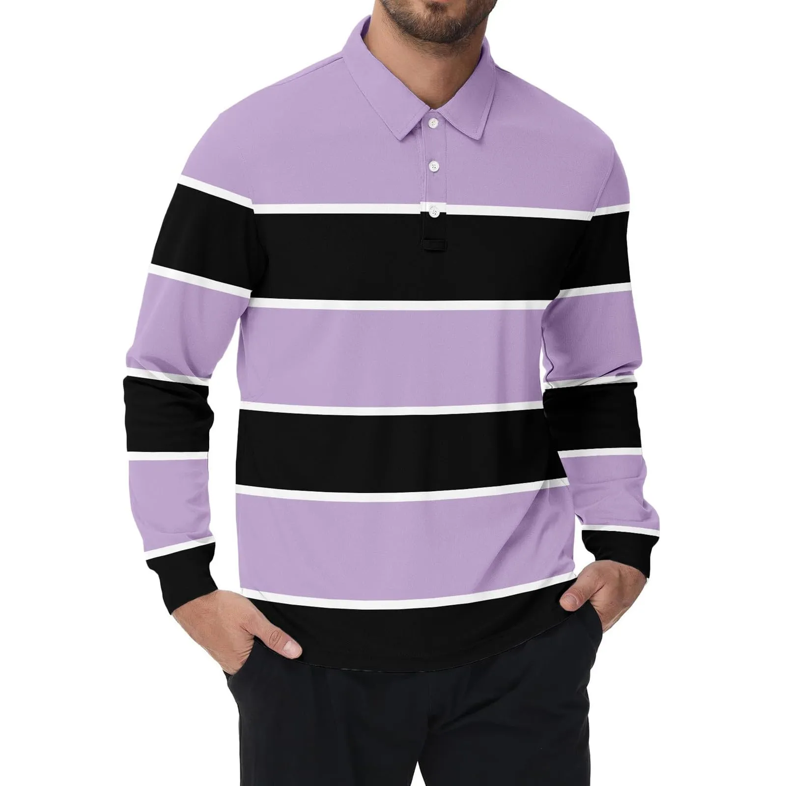 Maglia da rugby a righe da uomo, camicia classica, maglia vintage a maniche lunghe, polo a righe, polo con colletto, maglietta oversize a maniche lunghe, vestibilità normale, felpa, pullover a blocchi - immagine 4