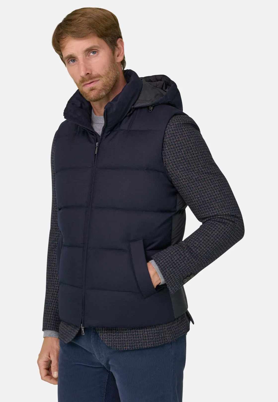 Boggi, Gilet In Flanella Imbottito In Piuma Con Cappuccio, Uomo, Navy, Taglia: M - immagine 1