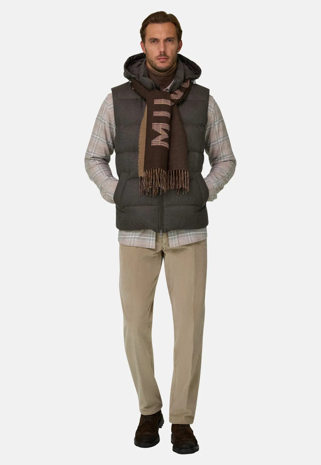 Boggi, Gilet In Flanella Imbottito In Piuma Con Cappuccio, Uomo, Marrone, Taglia: S - immagine 2