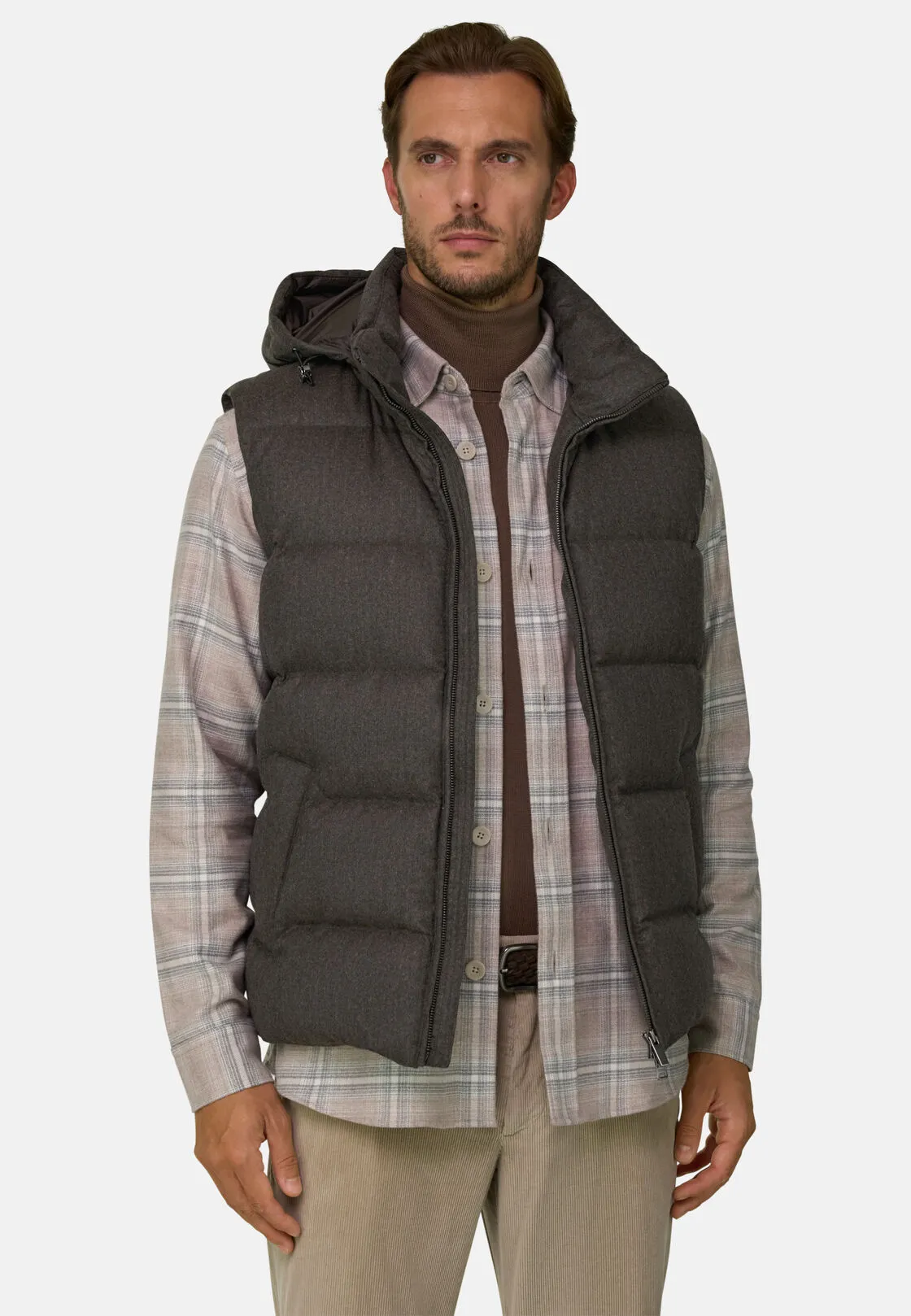 Boggi, Gilet In Flanella Imbottito In Piuma Con Cappuccio, Uomo, Marrone, Taglia: XXL - immagine 1