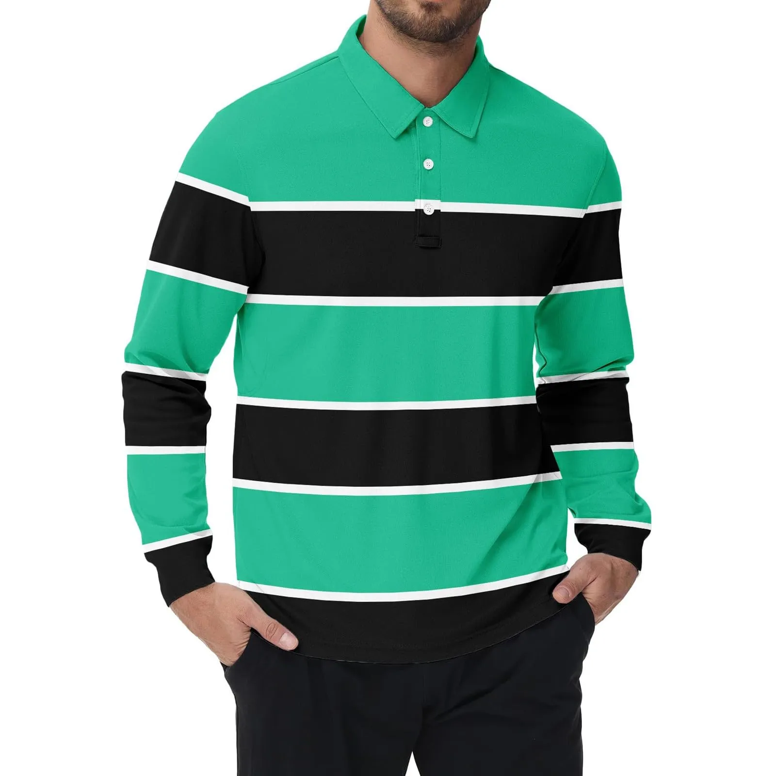 Maglia da rugby a righe da uomo, camicia classica, maglia vintage a maniche lunghe, polo a righe, polo con colletto, maglietta oversize a maniche lunghe, vestibilità normale, felpa, pullover a blocchi - immagine 1