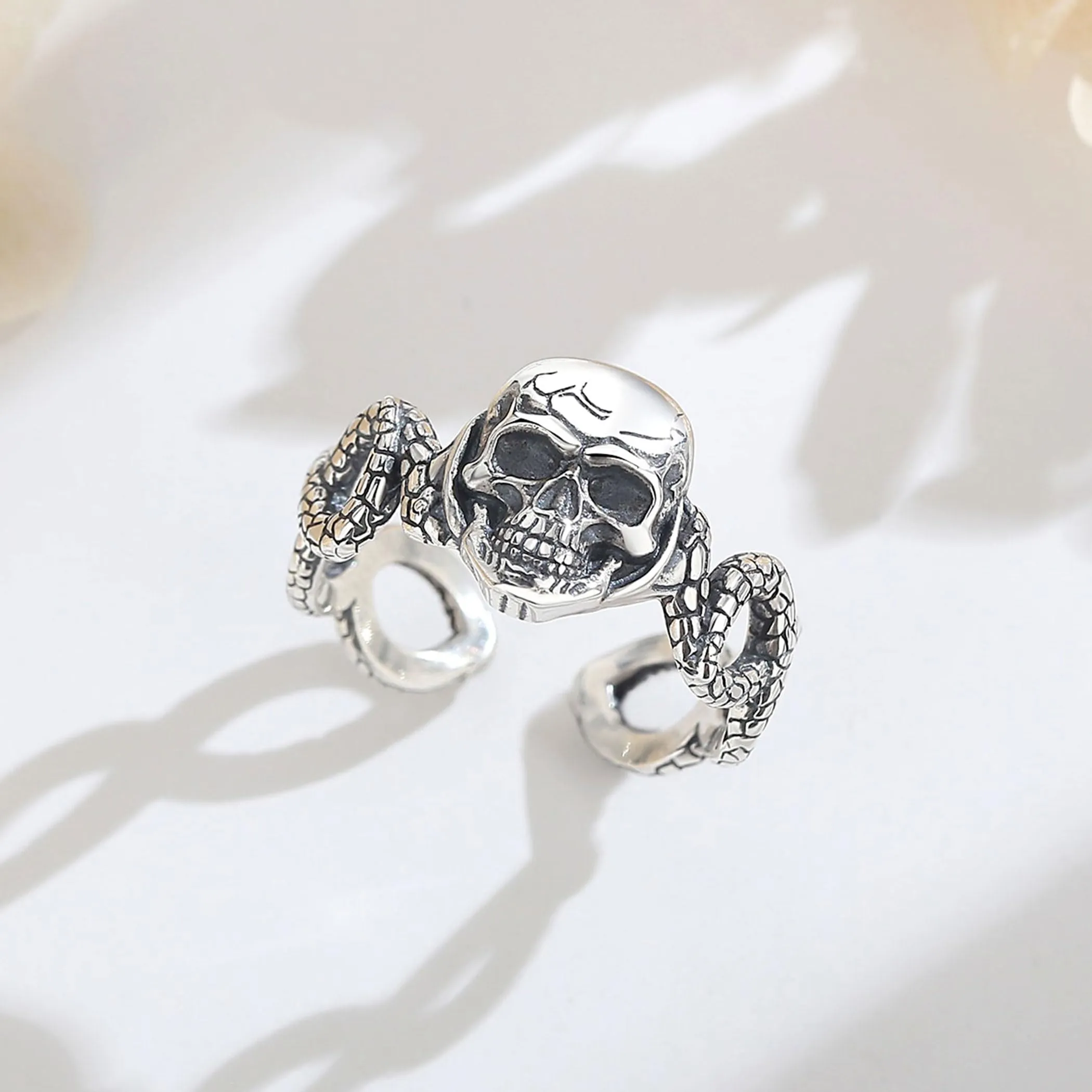 AEONSLOVE Anello Teschio Uomo Regolabile Argento 925 Anello Serpente e Teschio Donna Aperto Anelli Regolabili per Pollice Aperti, Anello Gotico Uomo - immagine 3
