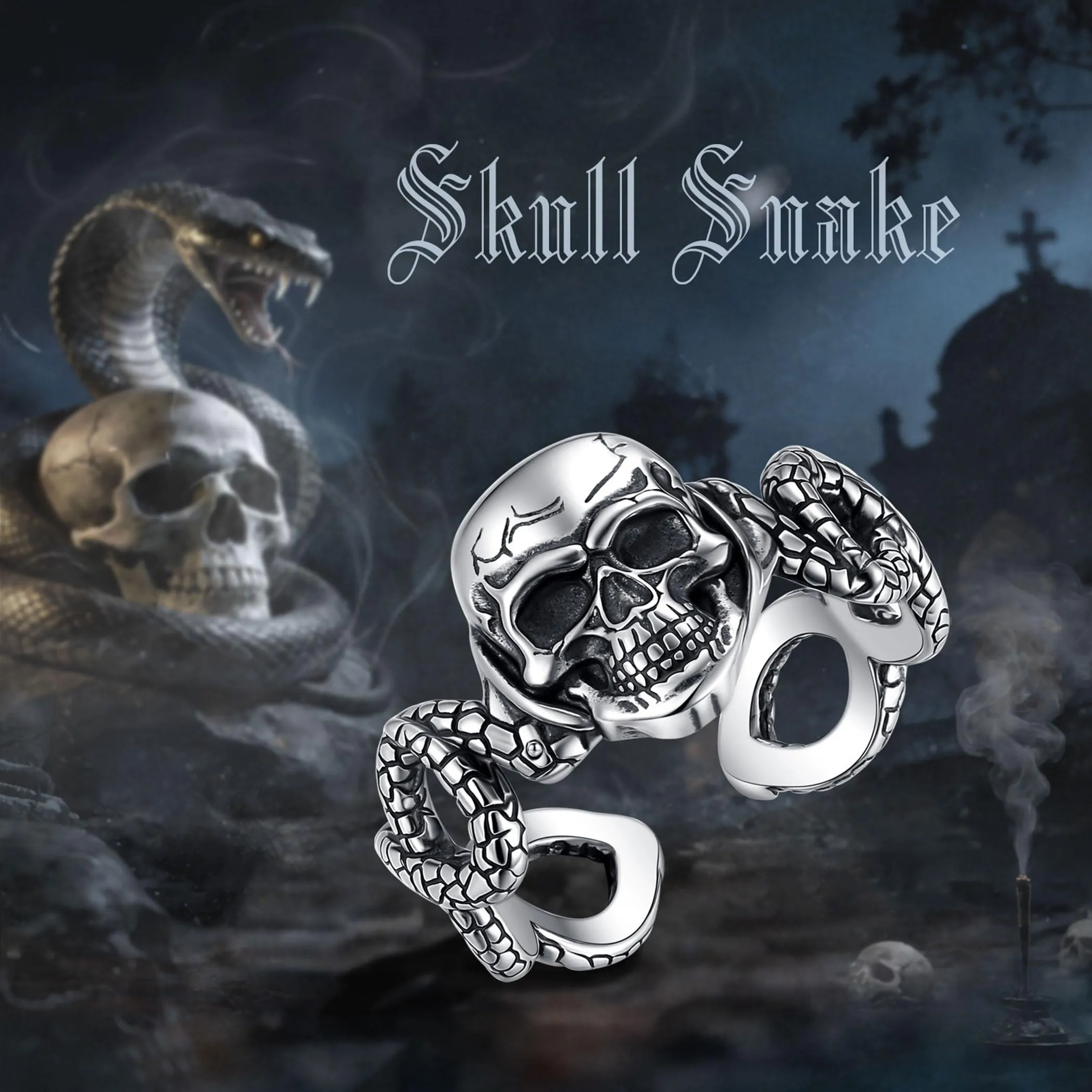 AEONSLOVE Anello Teschio Uomo Regolabile Argento 925 Anello Serpente e Teschio Donna Aperto Anelli Regolabili per Pollice Aperti, Anello Gotico Uomo - immagine 4