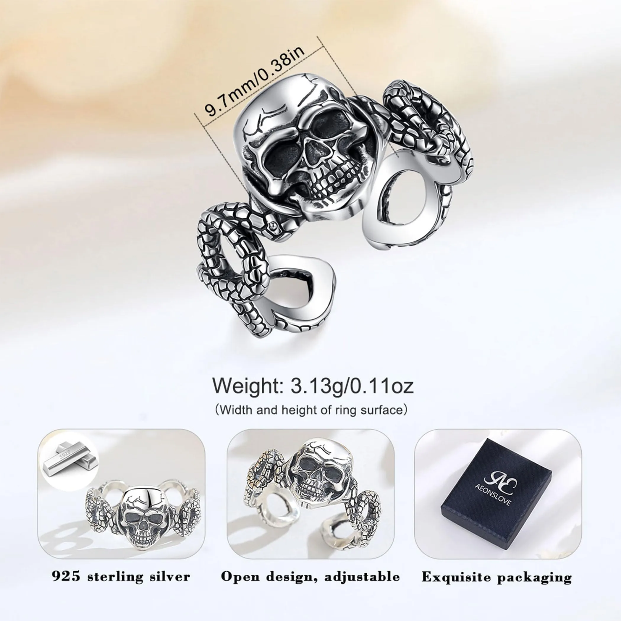 AEONSLOVE Anello Teschio Uomo Regolabile Argento 925 Anello Serpente e Teschio Donna Aperto Anelli Regolabili per Pollice Aperti, Anello Gotico Uomo - immagine 7