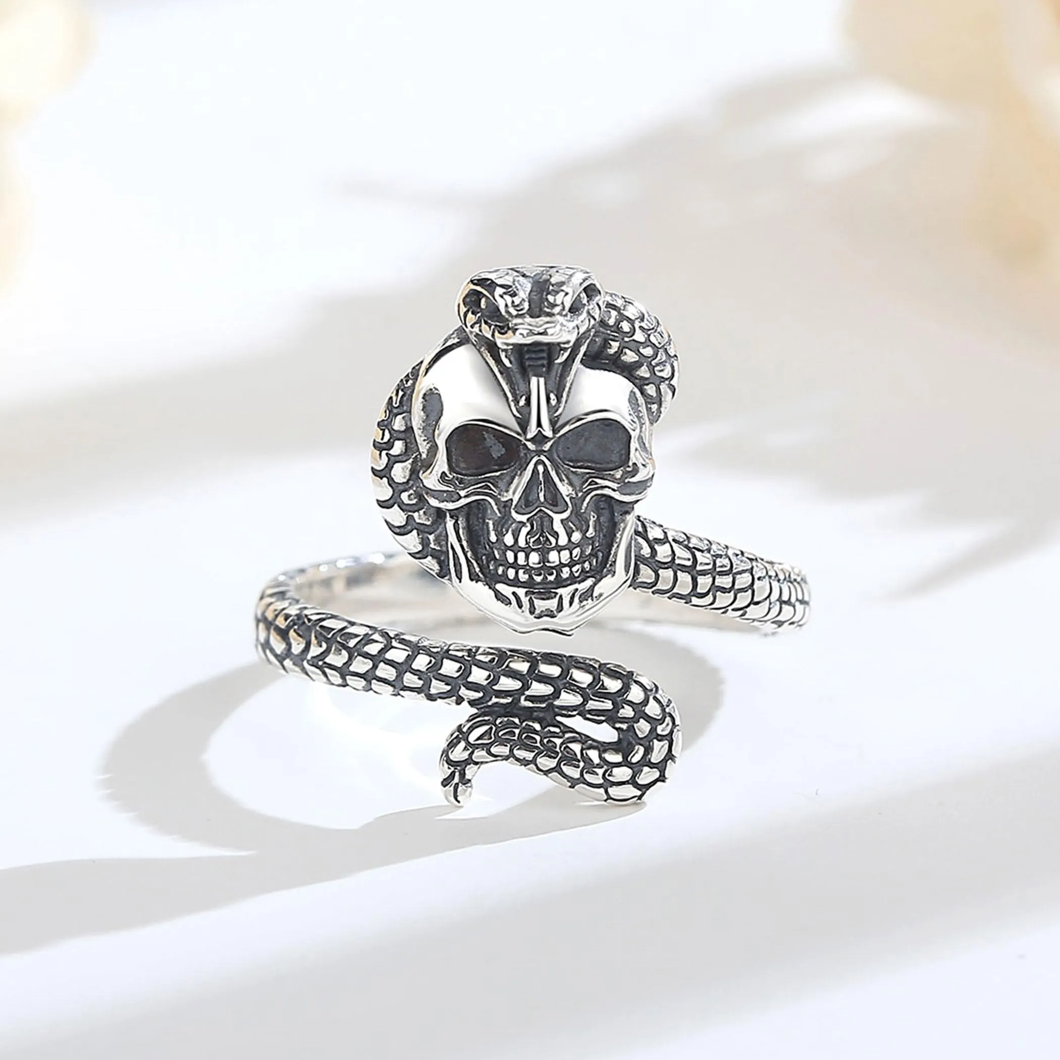 AEONSLOVE Anello Teschio Uomo Regolabile Argento 925 Anello Serpente e Teschio Donna Aperto Aperti Anelli Regolabili per Pollice, Anello Gotico Uomo - immagine 2