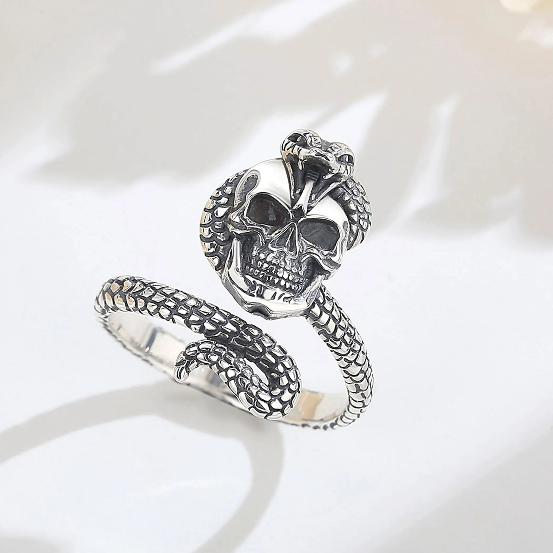AEONSLOVE Anello Teschio Uomo Regolabile Argento 925 Anello Serpente e Teschio Donna Aperto Aperti Anelli Regolabili per Pollice, Anello Gotico Uomo - immagine 3