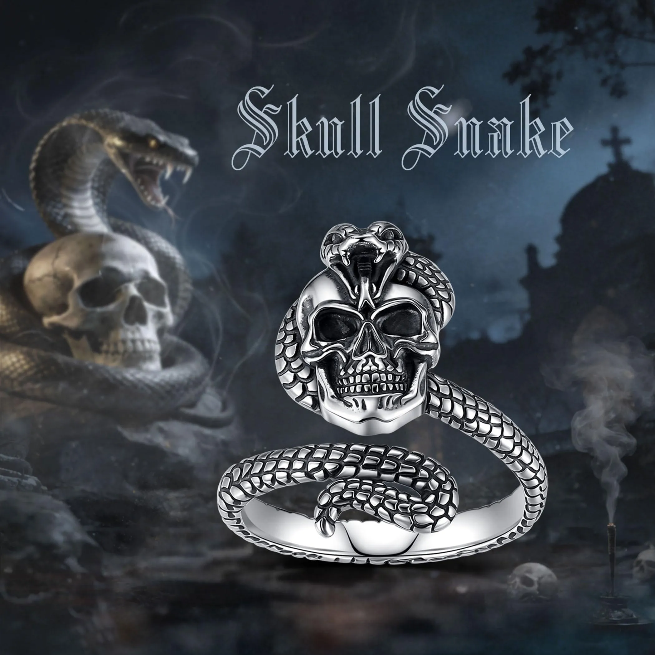 AEONSLOVE Anello Teschio Uomo Regolabile Argento 925 Anello Serpente e Teschio Donna Aperto Aperti Anelli Regolabili per Pollice, Anello Gotico Uomo - immagine 4