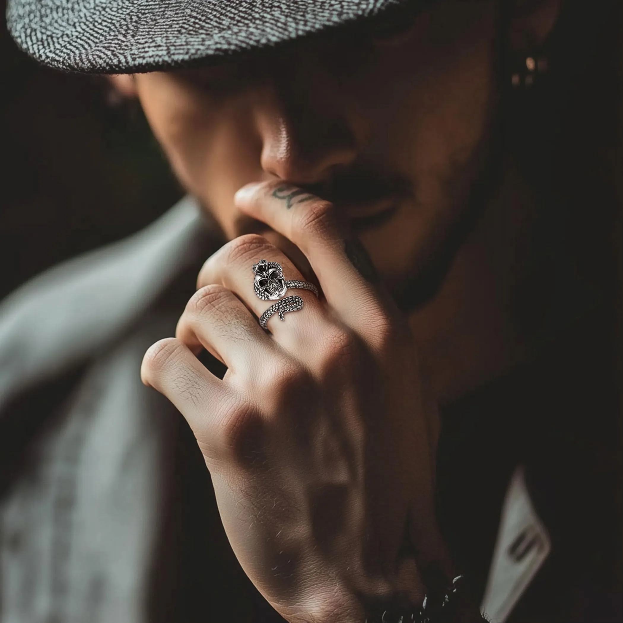 AEONSLOVE Anello Teschio Uomo Regolabile Argento 925 Anello Serpente e Teschio Donna Aperto Aperti Anelli Regolabili per Pollice, Anello Gotico Uomo - immagine 5