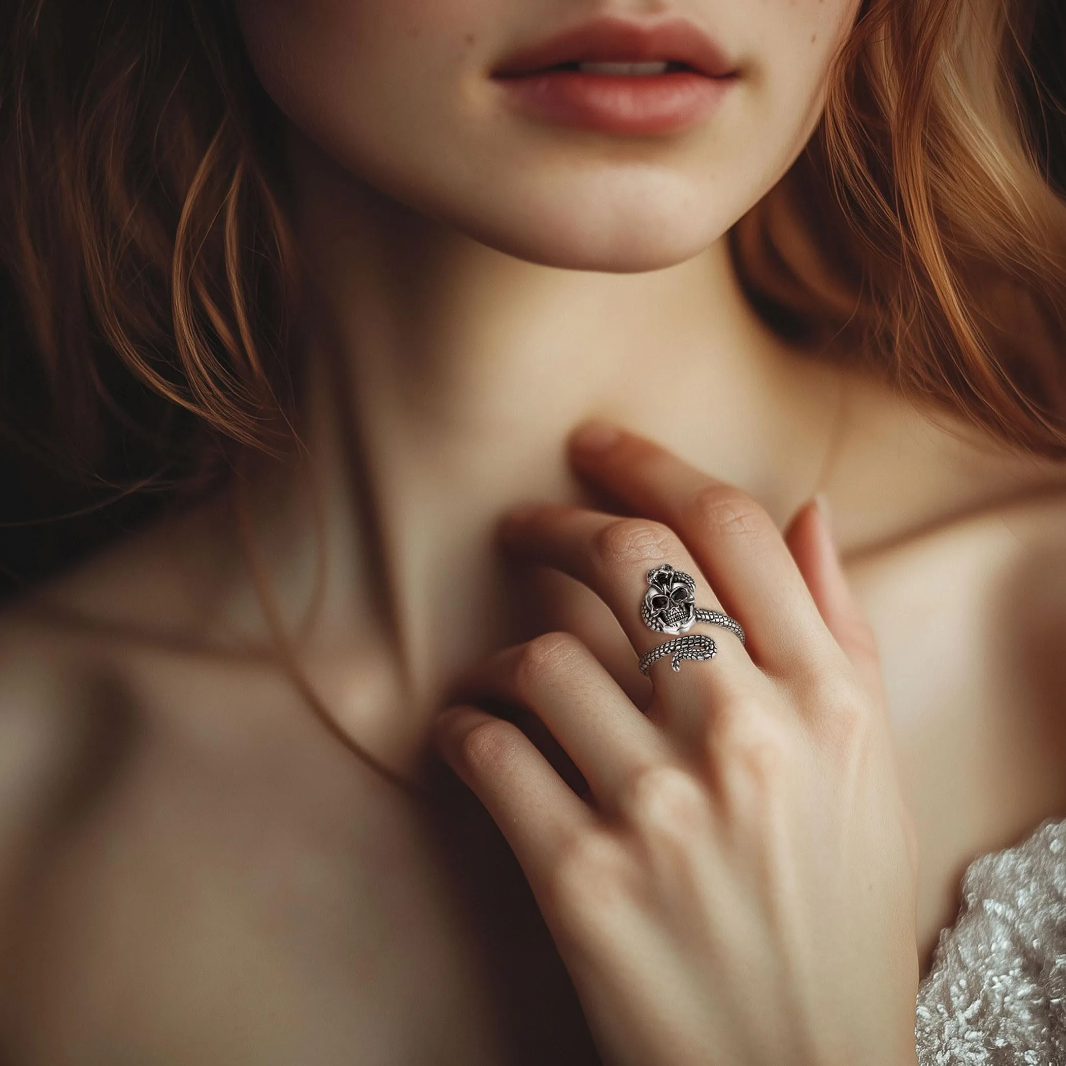 AEONSLOVE Anello Teschio Uomo Regolabile Argento 925 Anello Serpente e Teschio Donna Aperto Aperti Anelli Regolabili per Pollice, Anello Gotico Uomo - immagine 6