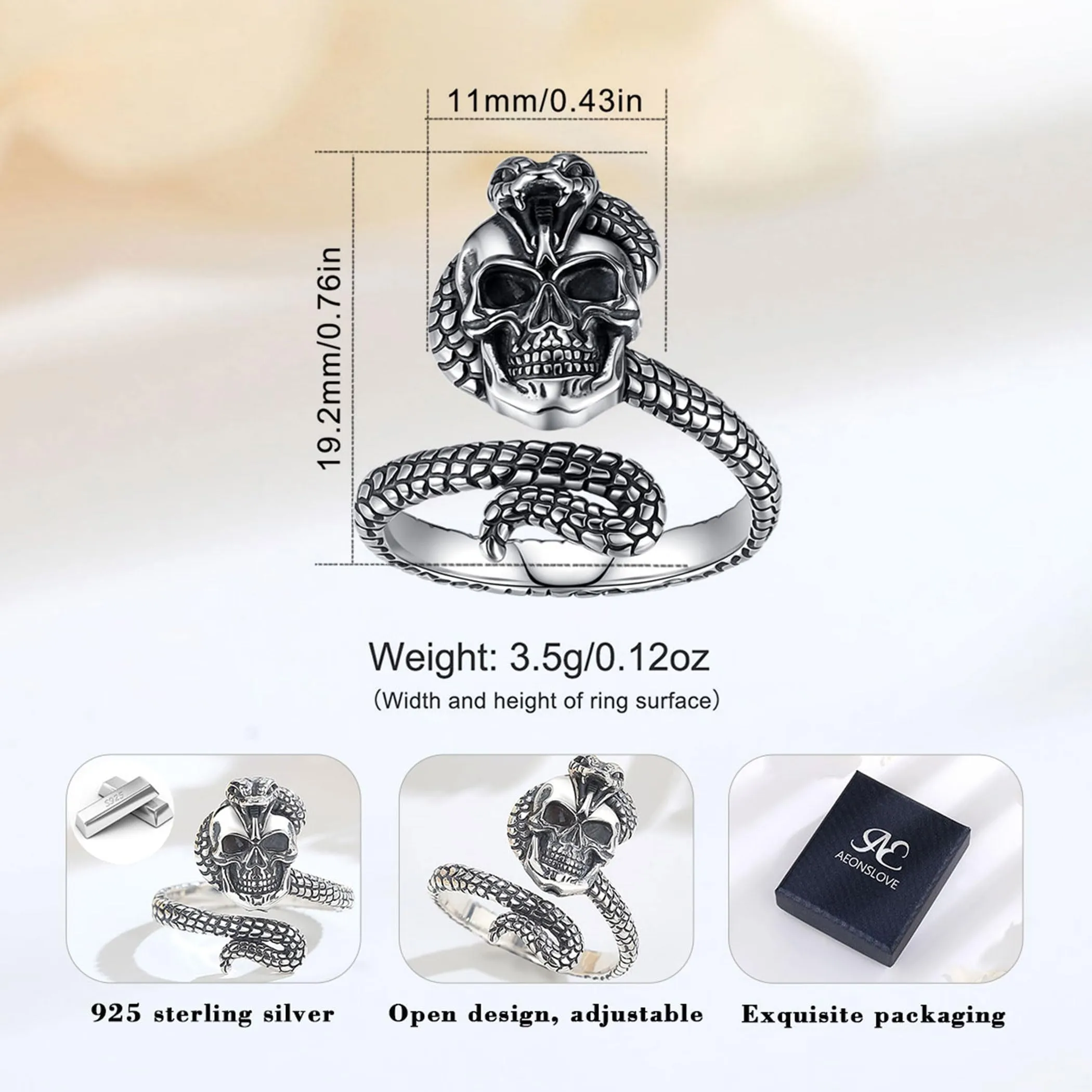 AEONSLOVE Anello Teschio Uomo Regolabile Argento 925 Anello Serpente e Teschio Donna Aperto Aperti Anelli Regolabili per Pollice, Anello Gotico Uomo - immagine 7