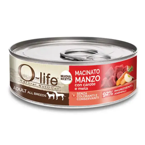 O-life Dog Adult All Breeds Macinato 85 gr Manzo con carote e mela - confezione da 6 pezzi - Cibo umido per cani - immagine 1
