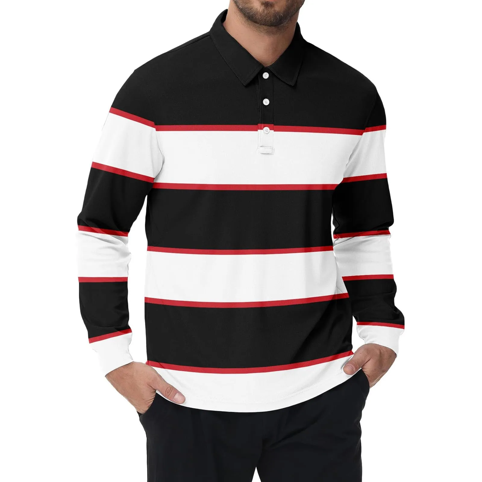 Maglia da rugby a righe da uomo, camicia classica, maglia vintage a maniche lunghe, polo a righe, polo con colletto, maglietta oversize a maniche lunghe, vestibilità normale, felpa, pullover a blocchi - immagine 4