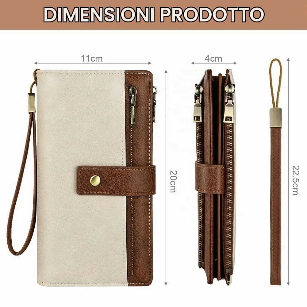 Vicloon Portafoglio Donna con Protezione RFID, Portafoglio Donna in Pelle PU, con 24 Scomparti per Carte di Credito, Tracolla Staccabile, Cerniera, Portafoglio Donna Grande, Marrone e Bianco - immagine 2
