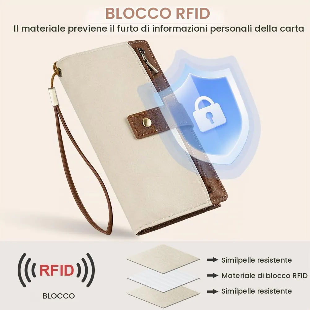 Vicloon Portafoglio Donna con Protezione RFID, Portafoglio Donna in Pelle PU, con 24 Scomparti per Carte di Credito, Tracolla Staccabile, Cerniera, Portafoglio Donna Grande, Marrone e Bianco - immagine 3