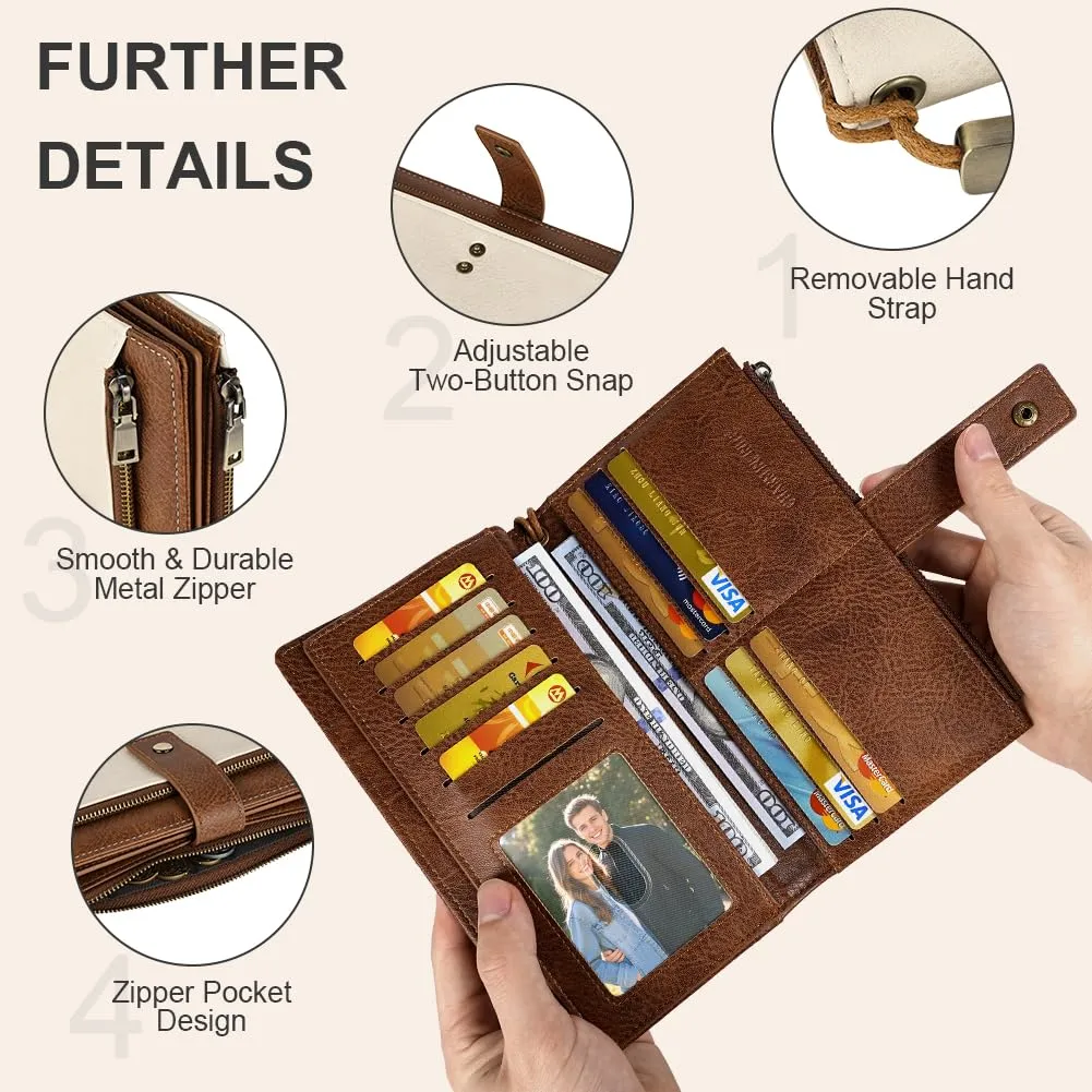 Vicloon Portafoglio Donna con Protezione RFID, Portafoglio Donna in Pelle PU, con 24 Scomparti per Carte di Credito, Tracolla Staccabile, Cerniera, Portafoglio Donna Grande, Marrone e Bianco - immagine 4