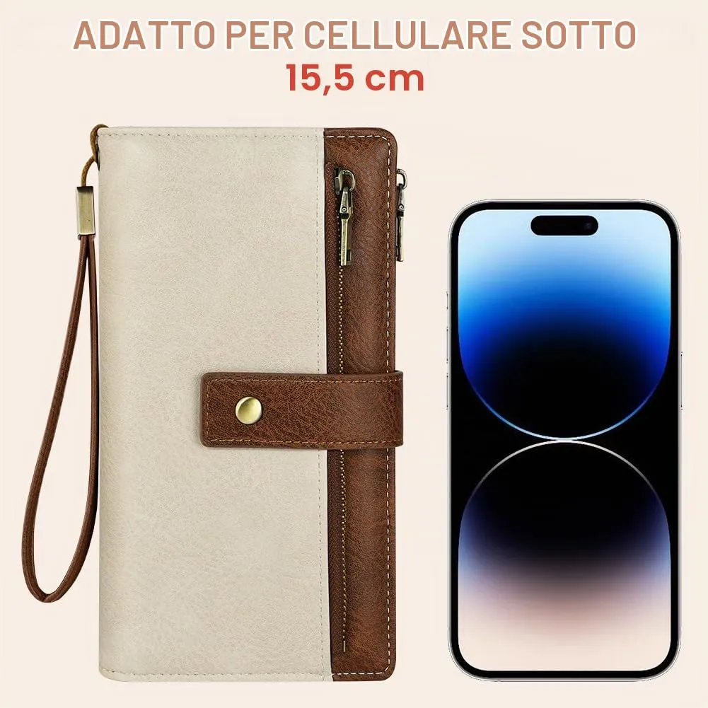 Vicloon Portafoglio Donna con Protezione RFID, Portafoglio Donna in Pelle PU, con 24 Scomparti per Carte di Credito, Tracolla Staccabile, Cerniera, Portafoglio Donna Grande, Marrone e Bianco - immagine 6