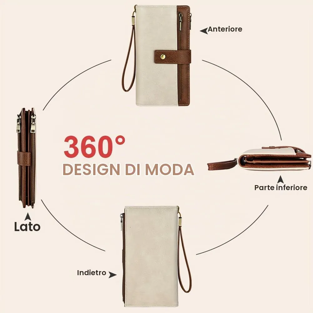 Vicloon Portafoglio Donna con Protezione RFID, Portafoglio Donna in Pelle PU, con 24 Scomparti per Carte di Credito, Tracolla Staccabile, Cerniera, Portafoglio Donna Grande, Marrone e Bianco - immagine 7