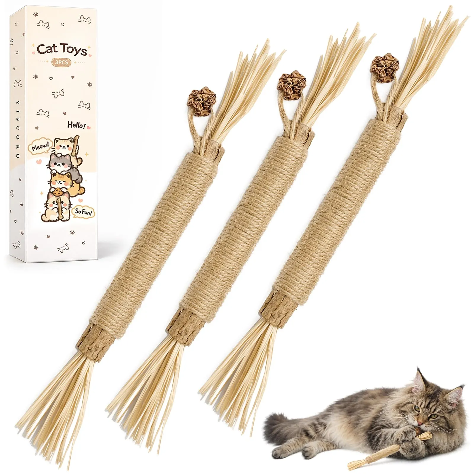 YISCOKO 3PCS Bastoncini di Silvervine da masticare per gatti, giocattoli con catnip per la pulizia dei denti, giocattoli per gatti d'interno e gattini per la dentizione e lo stress, regali di Natale e - immagine 1