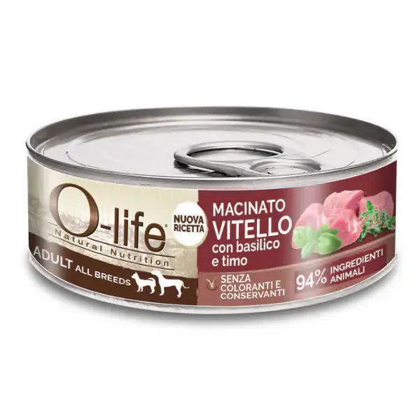 O-life Dog Adult All Breeds Macinato 85 gr Vitello con basilico e Timo - confezione da 6 pezzi - Cibo umido per cani - immagine 1