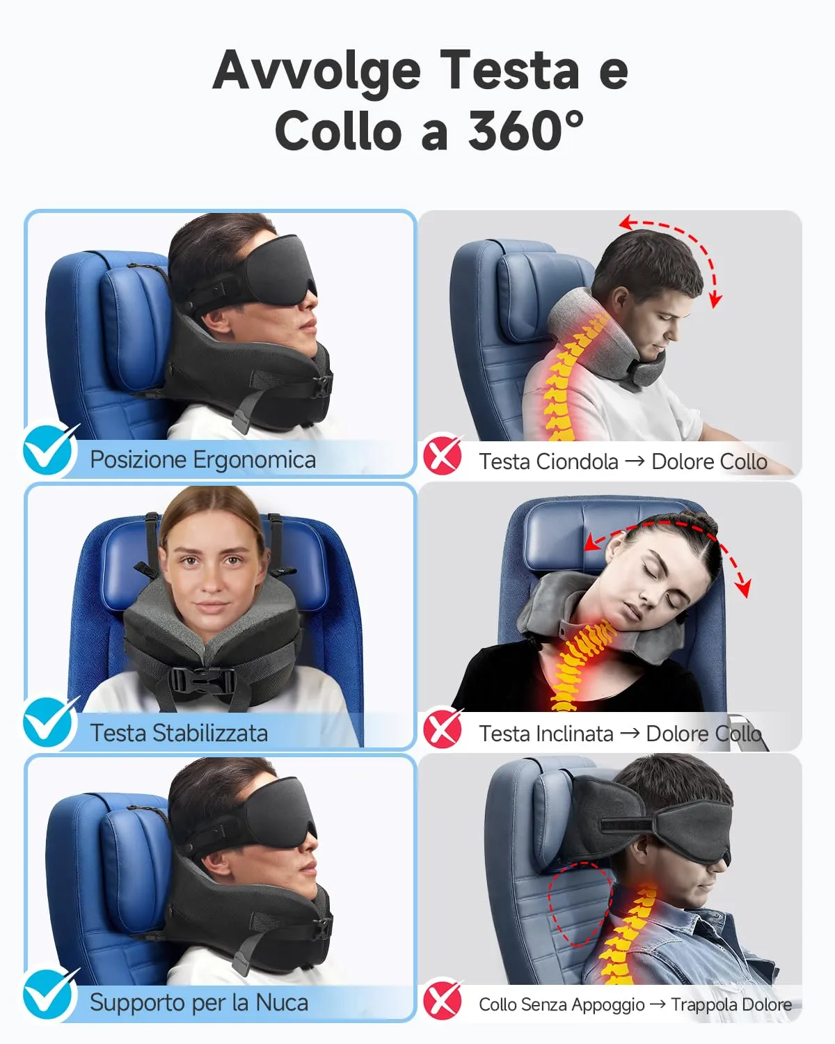 Umisleep Cuscino da Viaggio Aereo, Supporto 360° Cuscino Cervicale, Nero - immagine 4