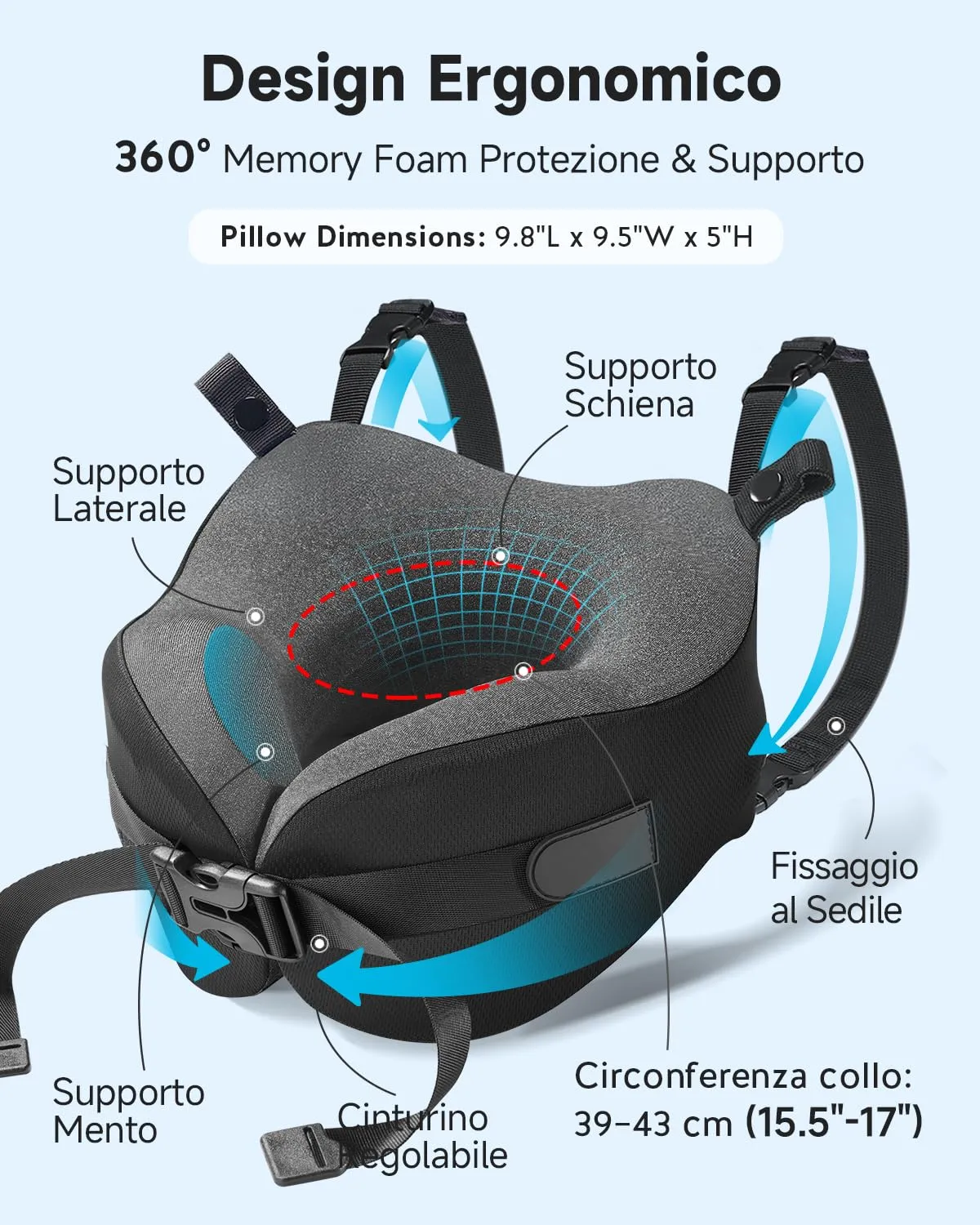 Umisleep Cuscino da Viaggio Aereo, Supporto 360° Cuscino Cervicale, Nero - immagine 5
