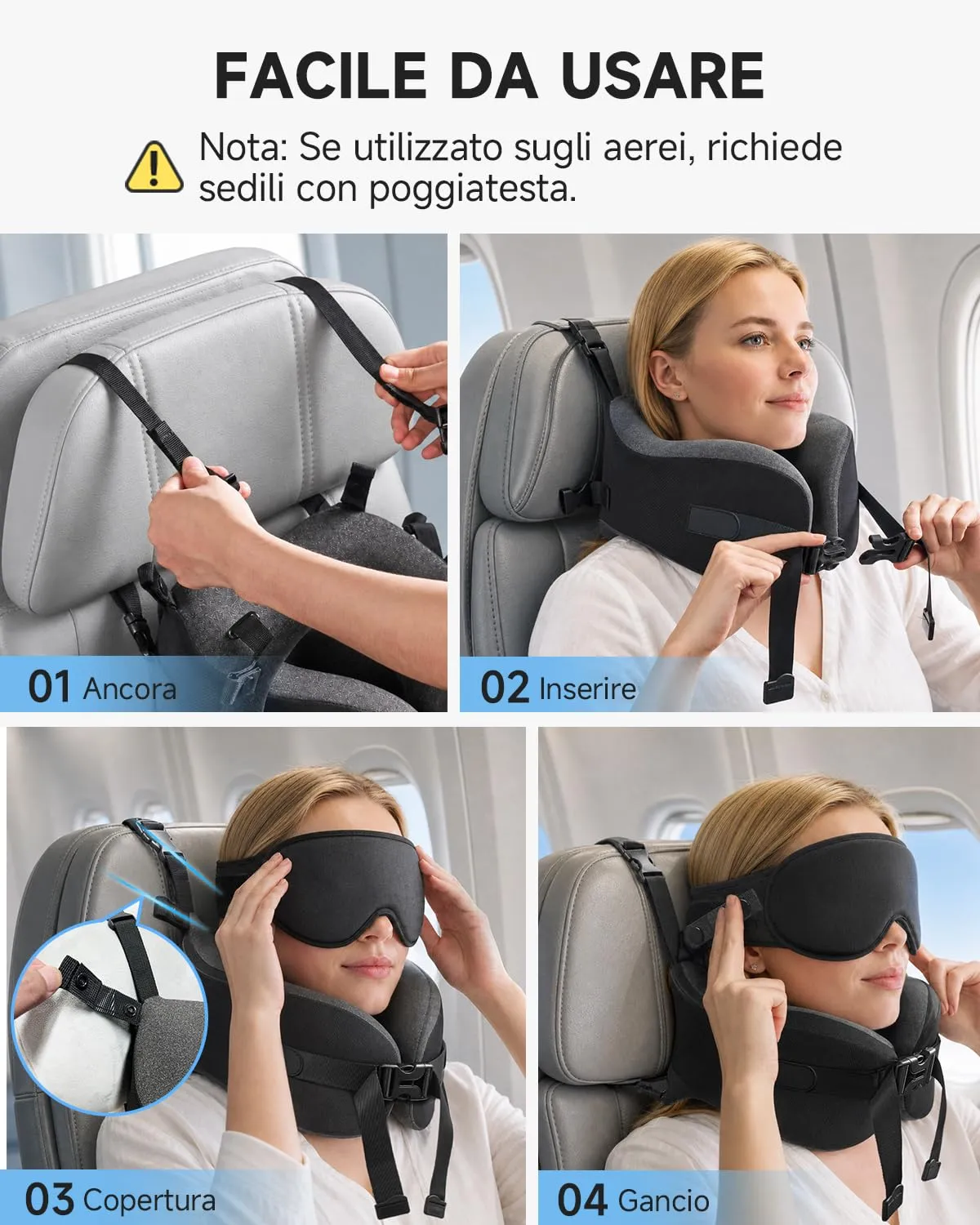 Umisleep Cuscino da Viaggio Aereo, Supporto 360° Cuscino Cervicale, Nero - immagine 6