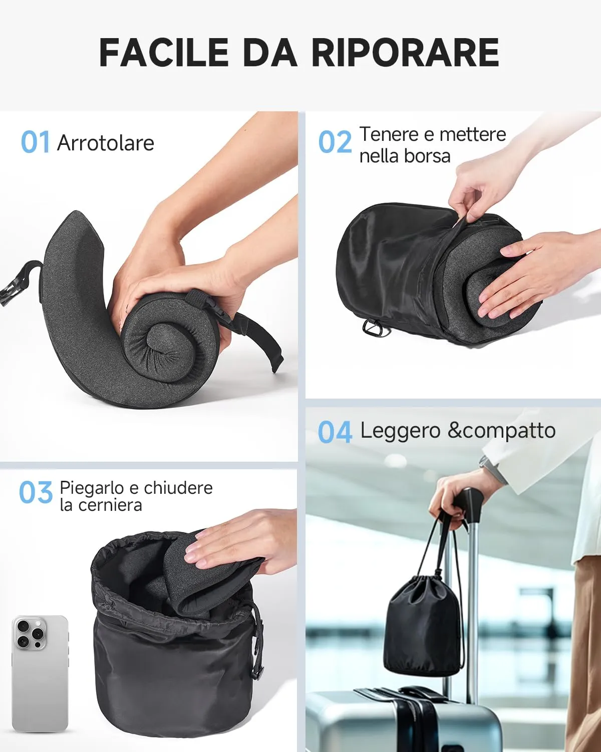 Umisleep Cuscino da Viaggio Aereo, Supporto 360° Cuscino Cervicale, Nero - immagine 8