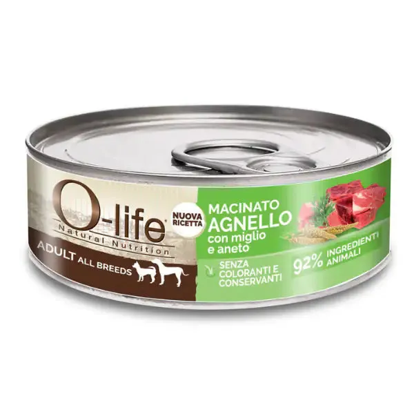 O-life Dog Adult All Breeds Macinato 85 gr Agnello con miglio e aneto - confezione da 6 pezzi - Cibo umido per cani - immagine 1
