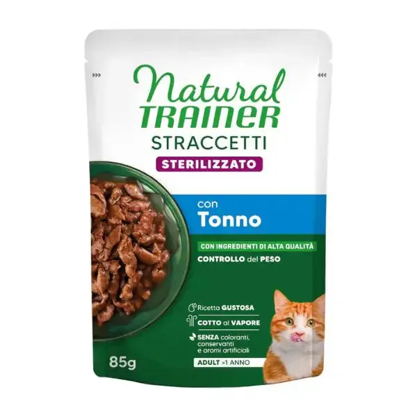 Natural Trainer Cat Adult Sterilised Straccetti cotti al vapore 85 gr Tonno - confezione da 24 pezzi - Cibo umido per gatti - immagine 1