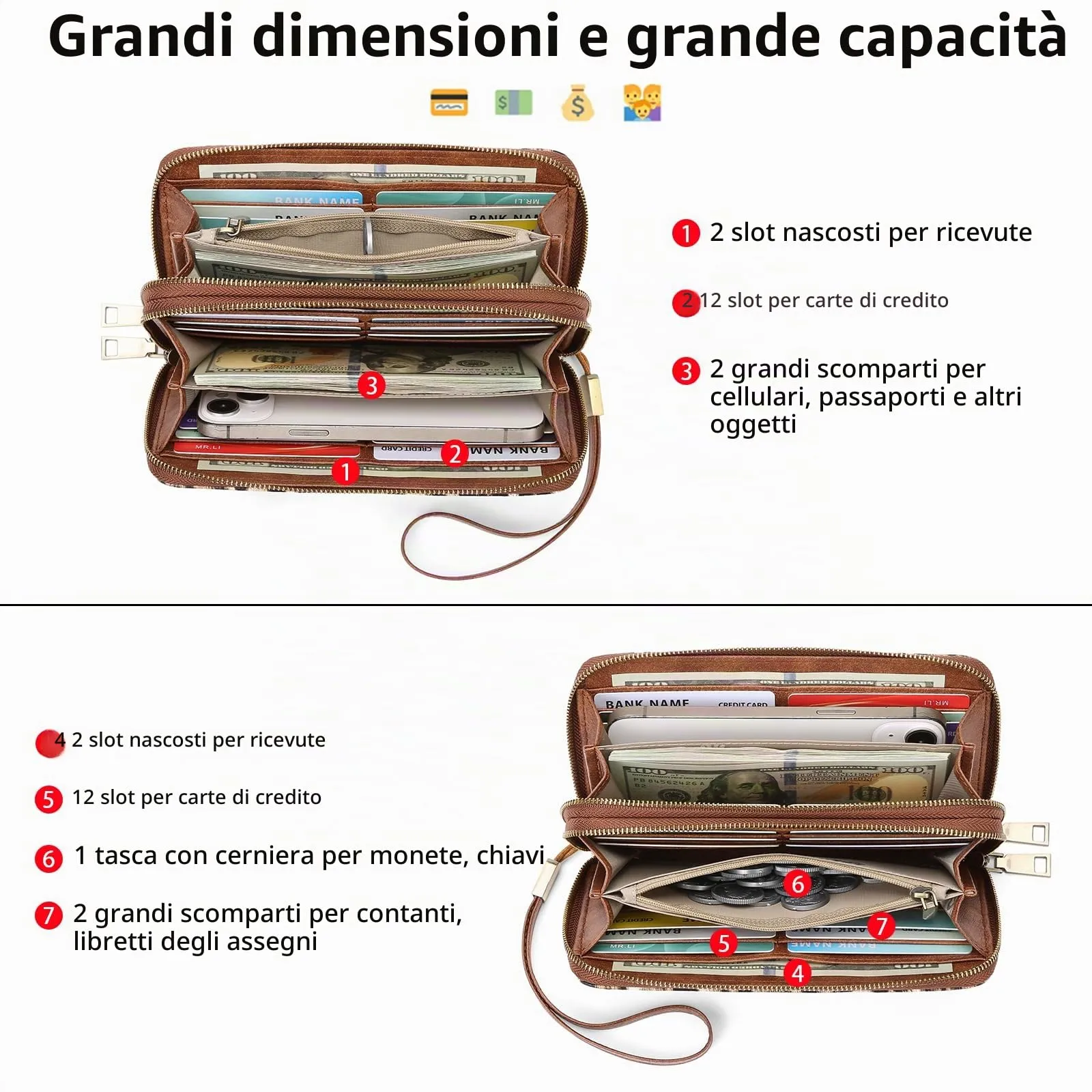 GAEKEAO Portafoglio Donna Grande, Portamonete Vegan in Pelle, Porta Tessere Blocco RFID, Portacarte di Credito, Porta Tessere, Borsellino Doppia Cerniera, Idee Regalo - immagine 2