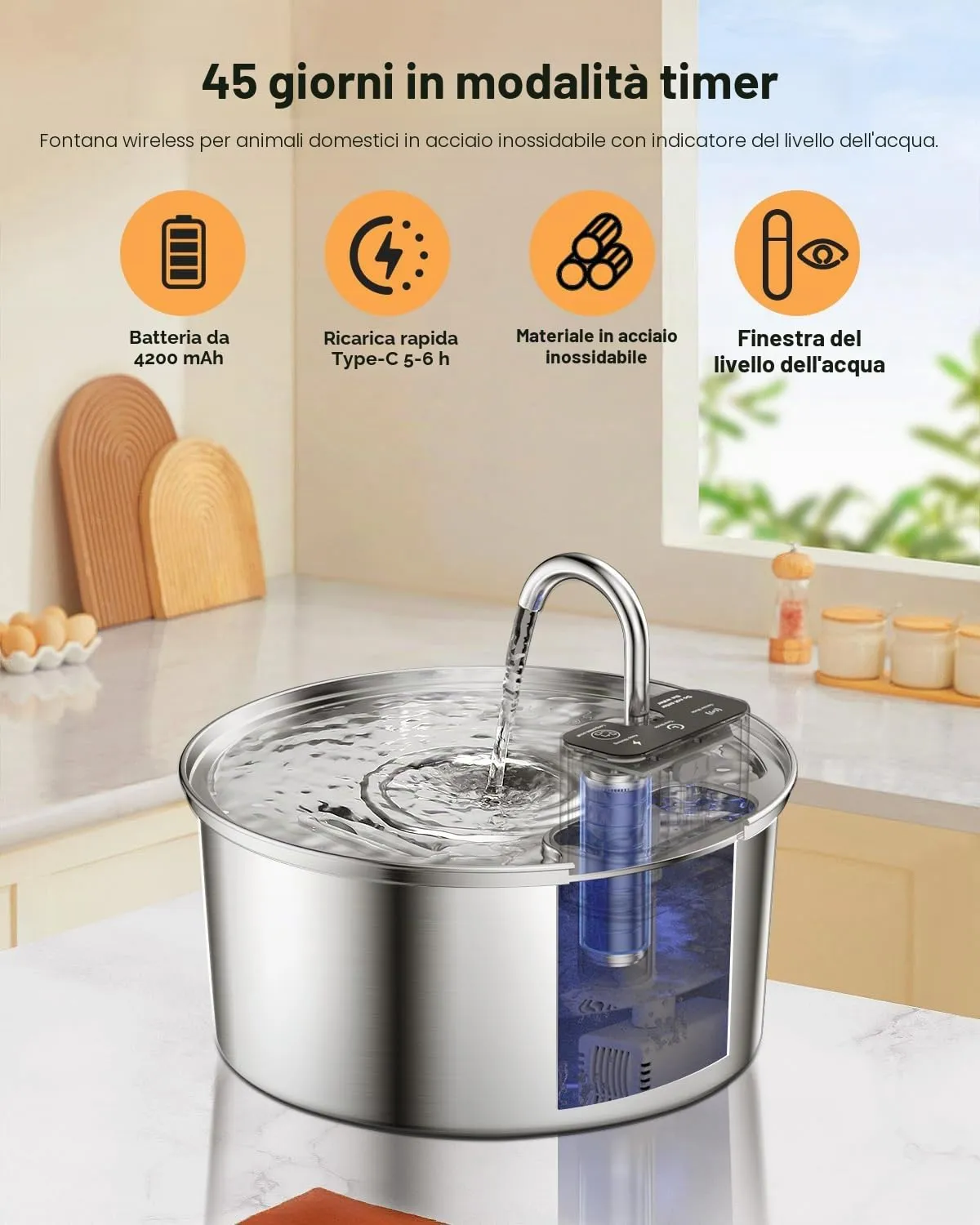 Fontanella per Gatti Senza Fili, Fontanella per Gatti in Acciaio Inox, Fontana per Gatti con Sensore di Movimento e 45 Giorni, Fontana per Gatti con Serbatoio Dell'acqua 3.2L- 6 Filtro+6 spugna - immagine 3