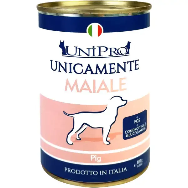 Unipro Unicamente Dog Adult 400 gr Maiale - confezione da 6 pezzi - Umido monoproteico cane - immagine 1